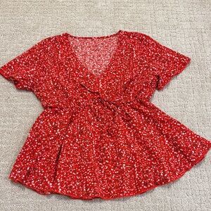 Red Floral Wrap-Style Women’s Top